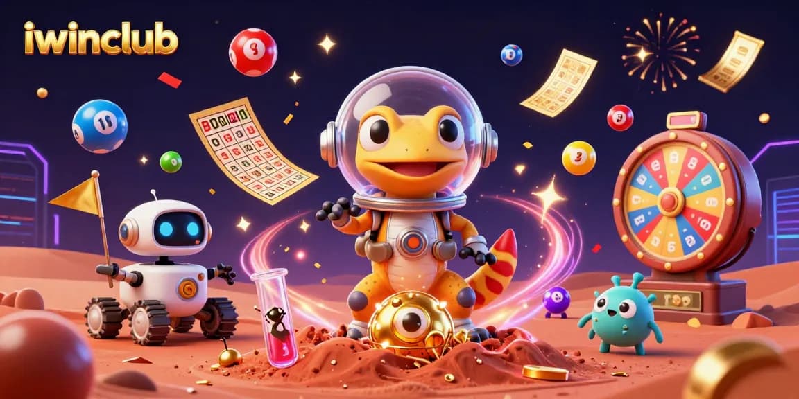 Iwinclub features a Martian gecko discovering a golden casino, surrounded by dynamic gambling elements and vibrant confetti.