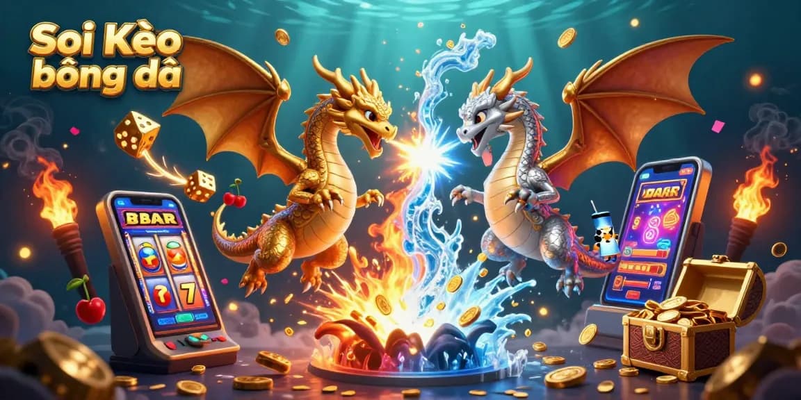 Soi Kèo bóng đá showcases a vibrant 3D scene of dragons and casino elements with jackpot excitement.
