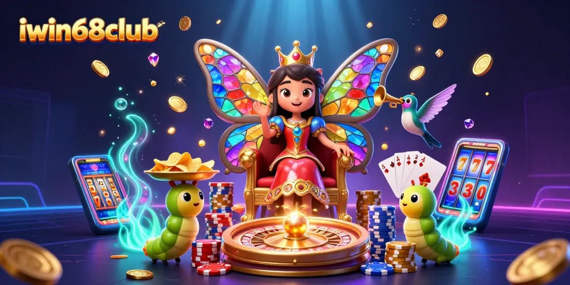 Experience winning moments at iwin68club with a dazzling butterfly queen and vibrant casino elements.