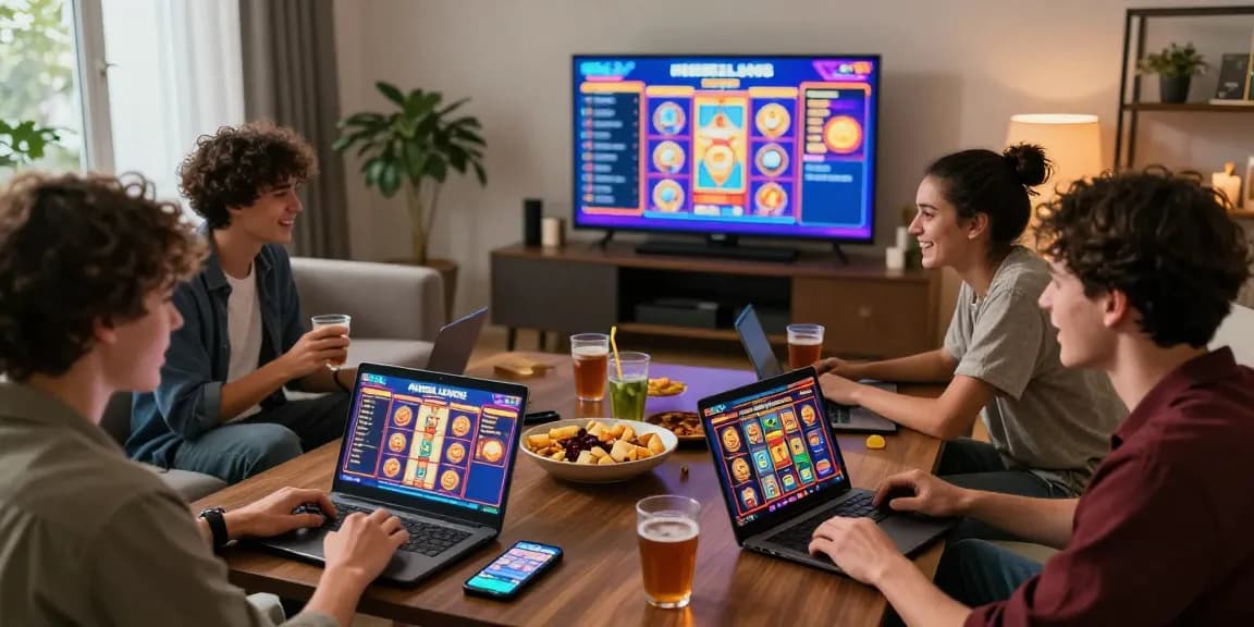 Situs slot deposit 10 ribu players enjoying an interactive gaming session in a vibrant living room.