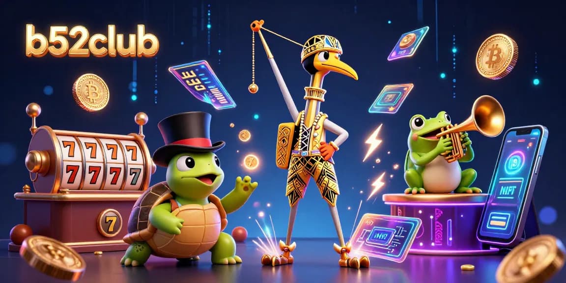Win big at b52club with a vibrant illustration of slot games, crypto coins, and lively characters.