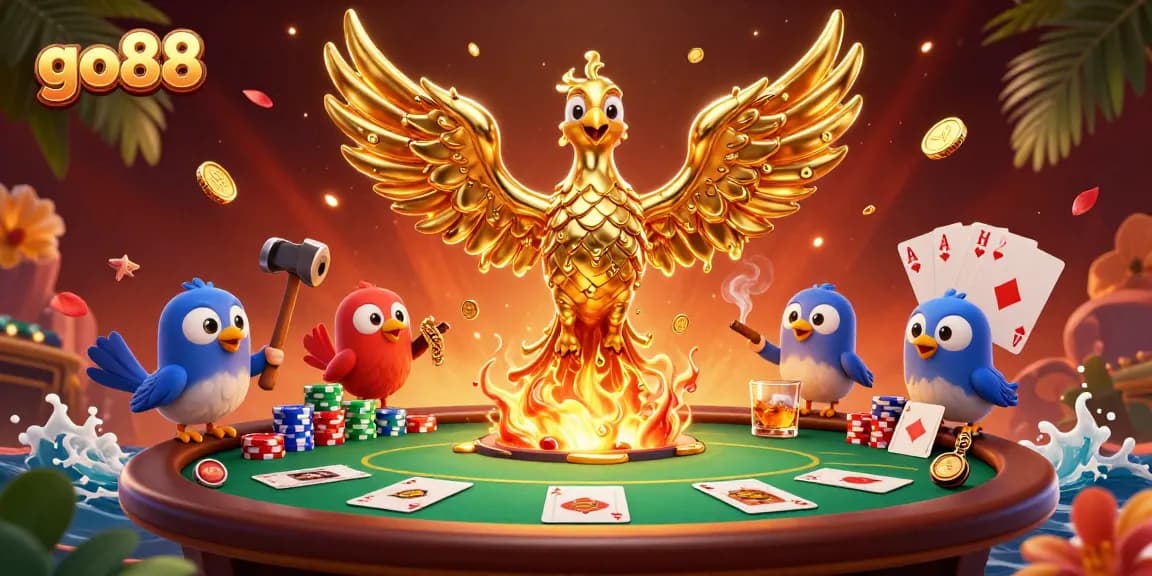Experience the thrill of go88 as golden phoenix and poker elements create a dynamic casino scene.