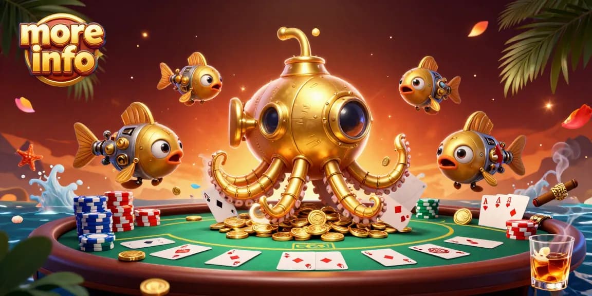 Engage with more info on a vibrant 3D casino scene featuring a golden kraken submarine amidst poker excitement.