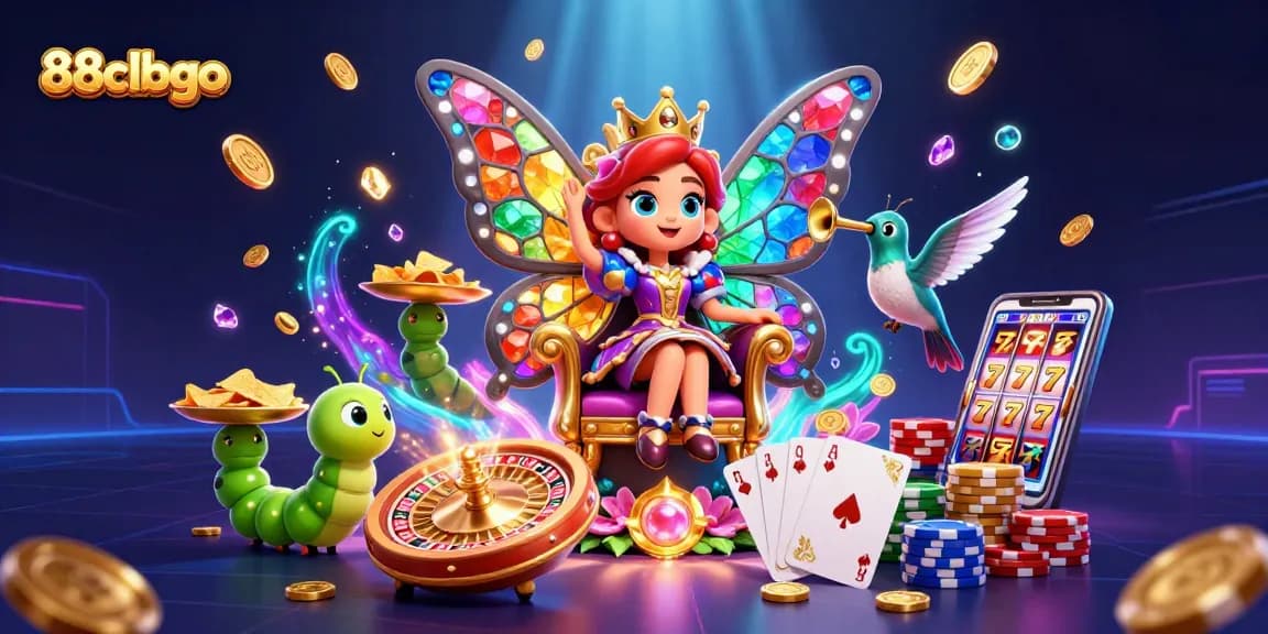 Experience the excitement of 88clbgo with a vibrant 3D illustration of a casino-themed scene featuring a butterfly queen and a roulette wheel.