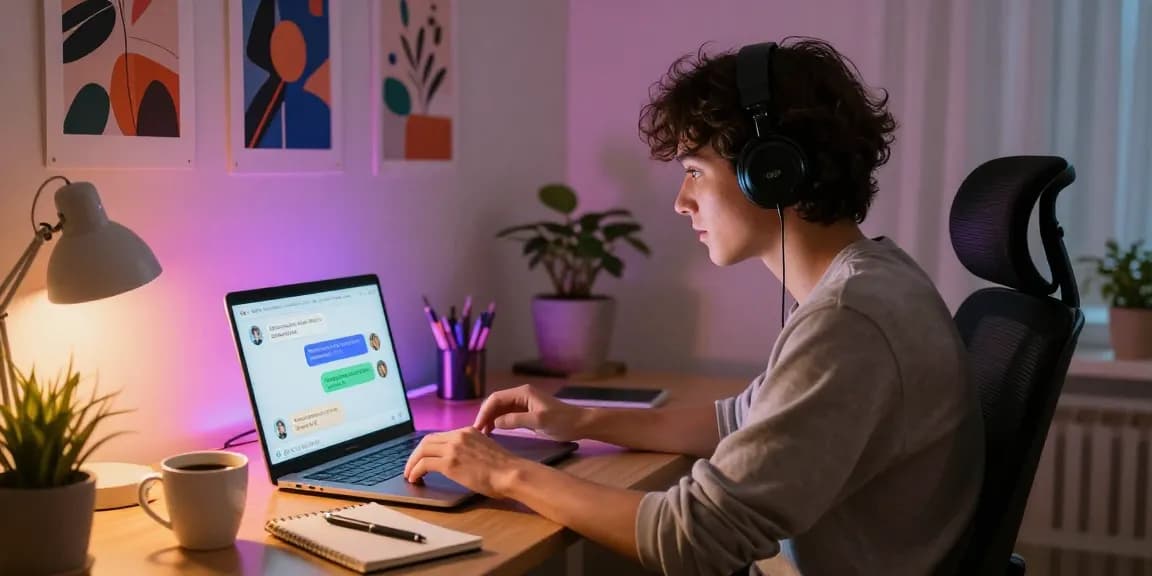 User engaging with ai nsfw chat platform in cozy home office setting, showcasing dynamic interaction with vibrant chat bubbles.