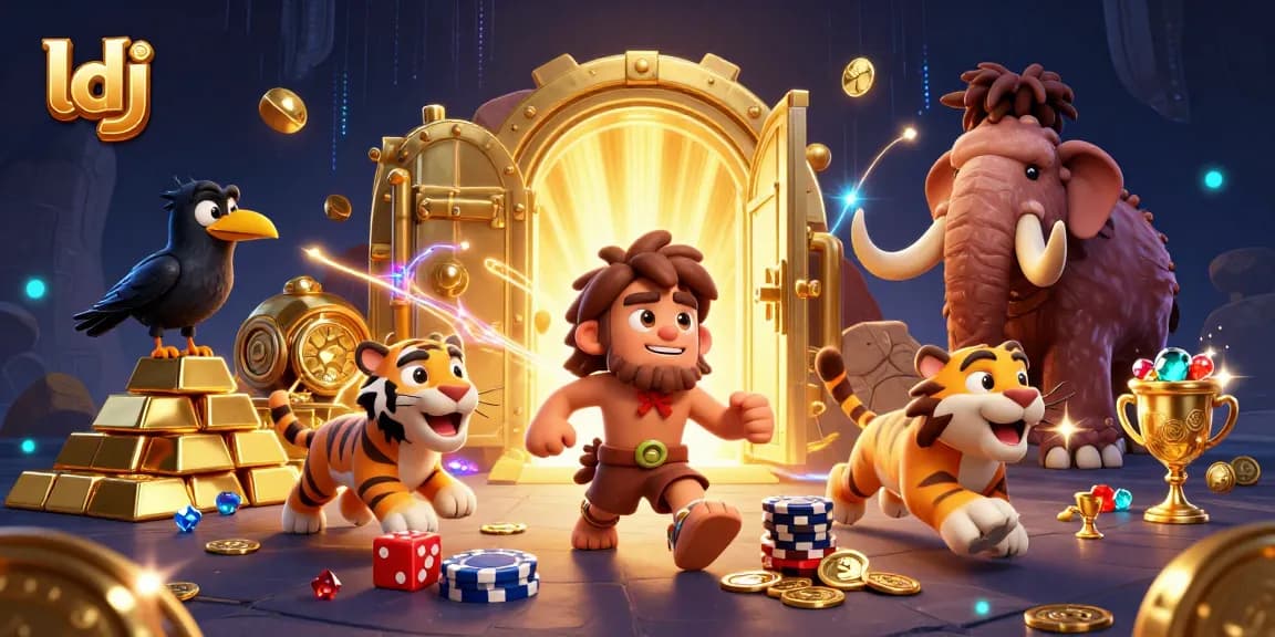 Experience thrilling gameplay at ldj, featuring dynamic scenes with a caveman and tiger duo in a vibrant casino setting.
