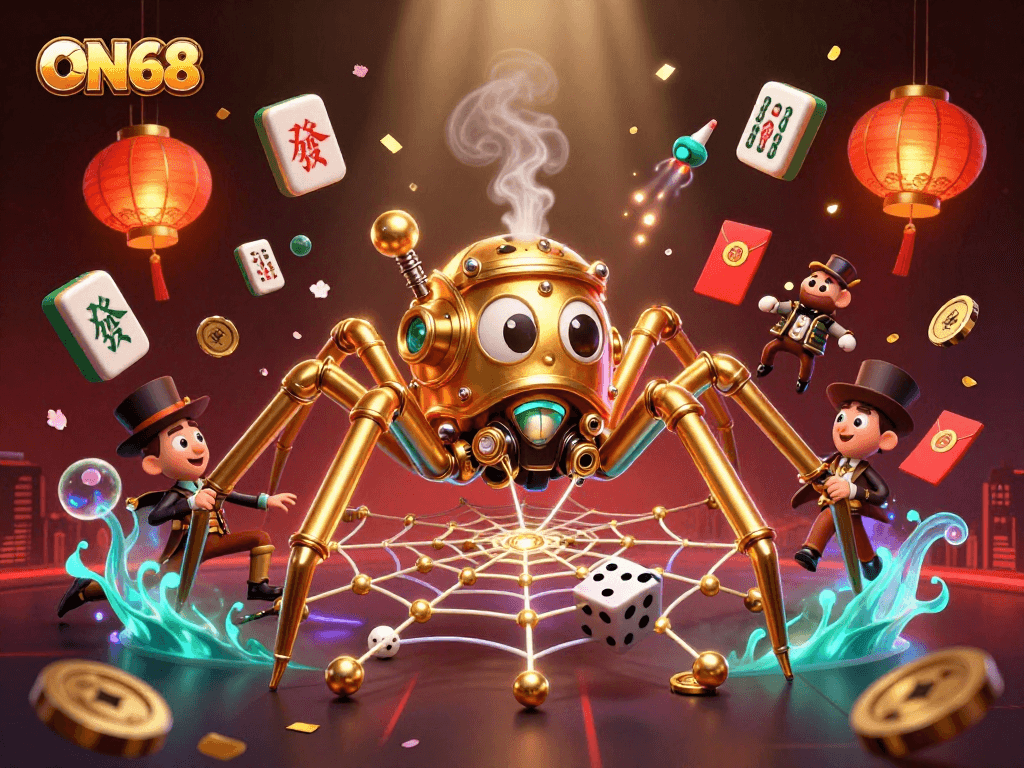 Experience thrilling gameplay at ON68 with a captivating 3D steampunk illustration showcasing unique gambling elements!