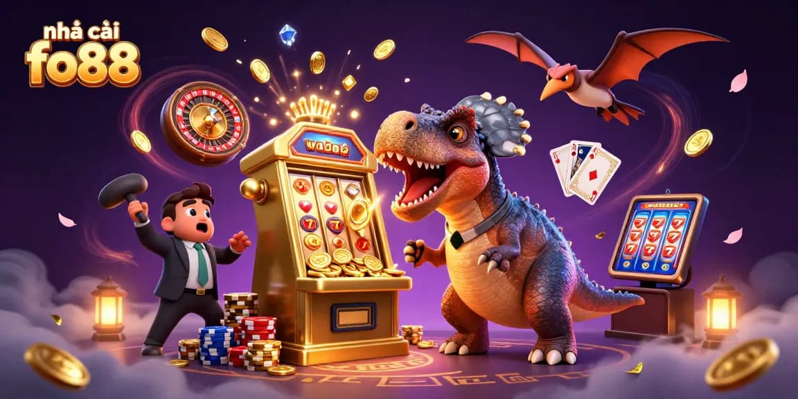 Experience the thrills at nhà cái fo88 with a dynamic scene of cartoon characters celebrating jackpot wins.