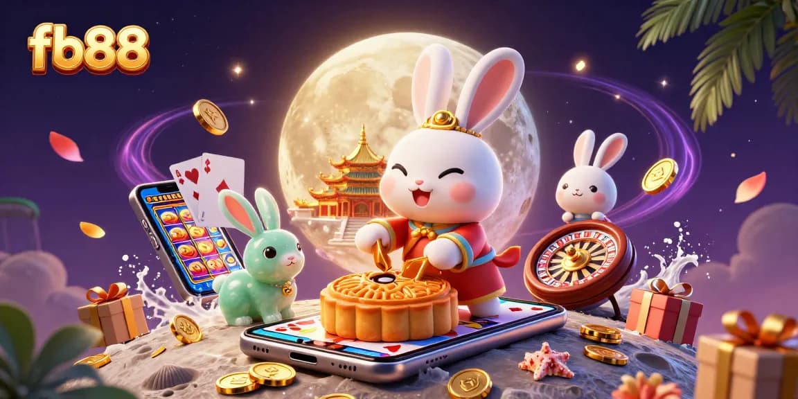 Win big at fb88 with a vibrant casino illustration of a moon rabbit character surrounded by gaming elements.