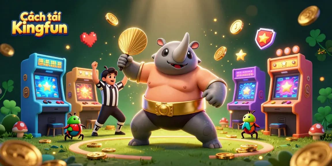 Engage in Cách tải Kingfun as the rhinoceros beetle champion enjoys a vibrant gaming scene filled with action.