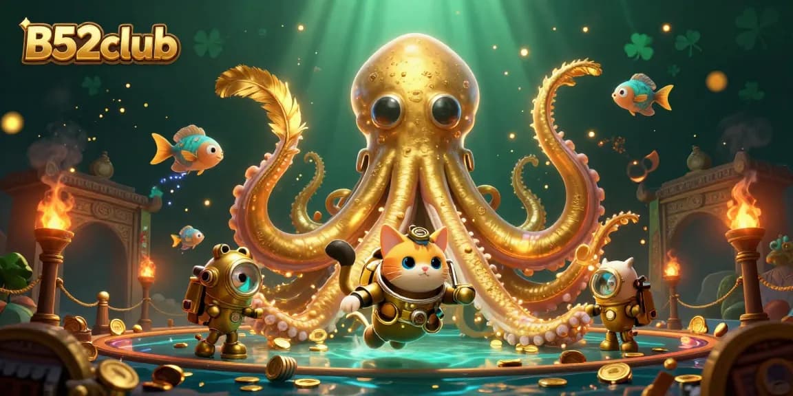 B52club dives into the vibrant world of online gambling with a playful kraken and a diving cat, showcasing treasures and excitement.