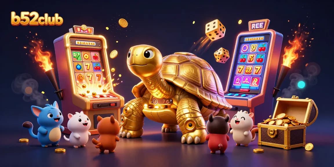 b52club delivers an electrifying gaming experience with a vibrant 3D illustration of playful casino elements.