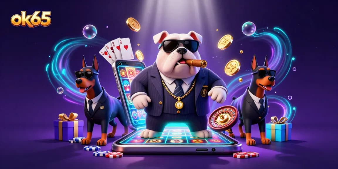 Experience the thrill ofok65 with a vibrant casino scene featuring a mafia bulldog and dynamic game elements.