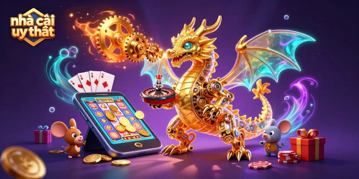 Experience the thrill of nhà cái uy tín games with a golden dragon and vibrant casino elements.