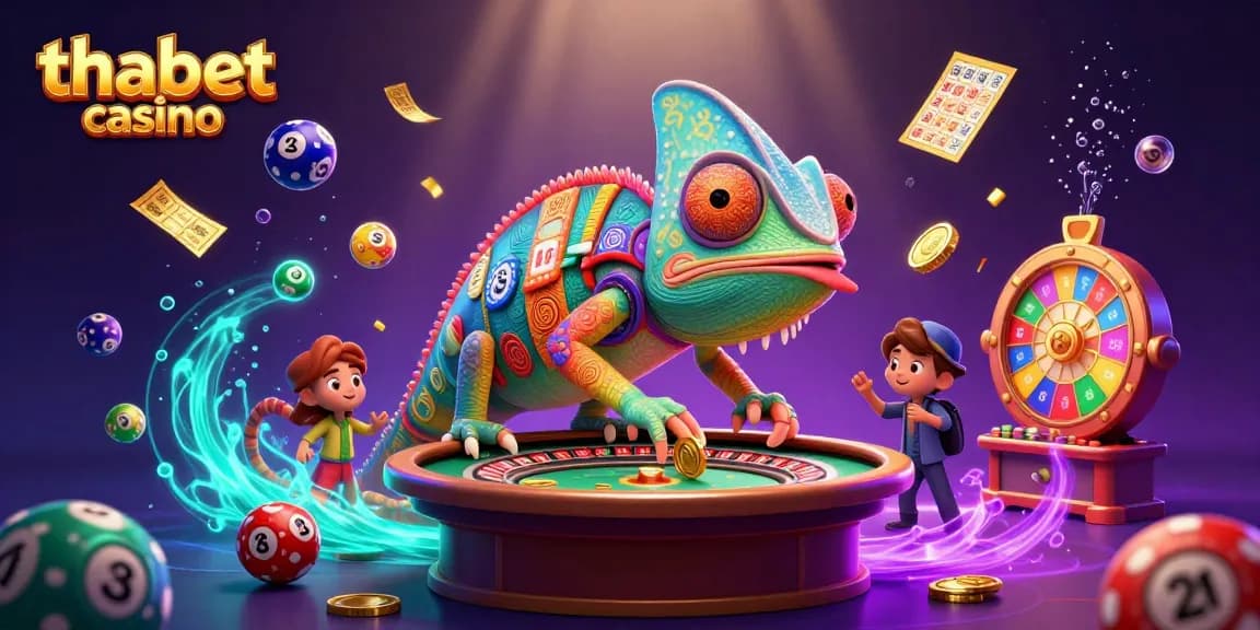 Experience the thrill of thabet casino with vibrant game elements and a colorful chameleon owner.