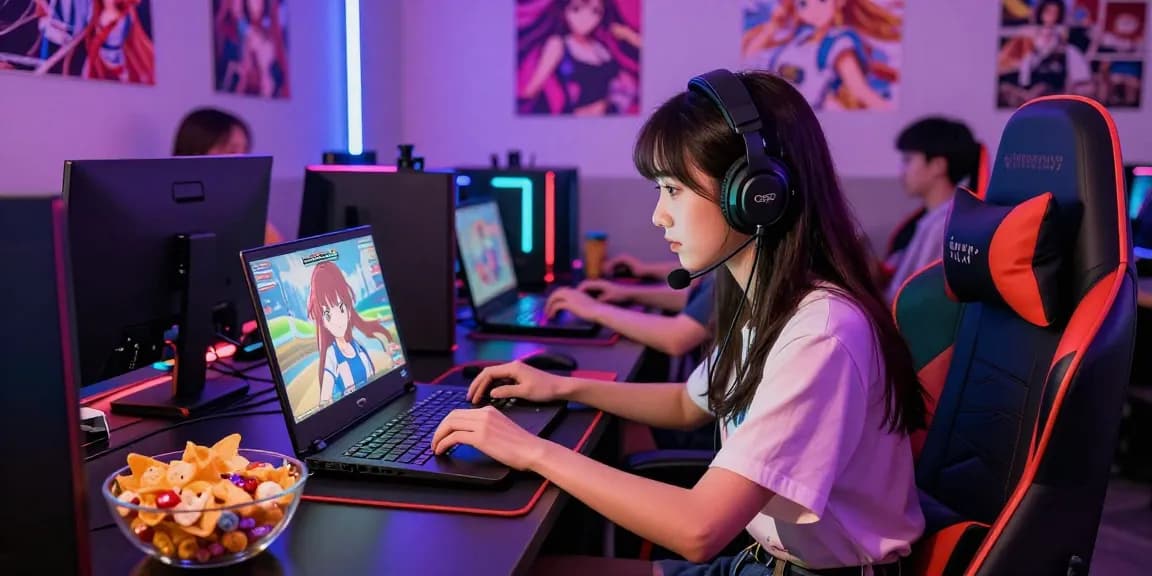 Engaged player enjoying an animated hentai game in a vibrant gaming lounge.