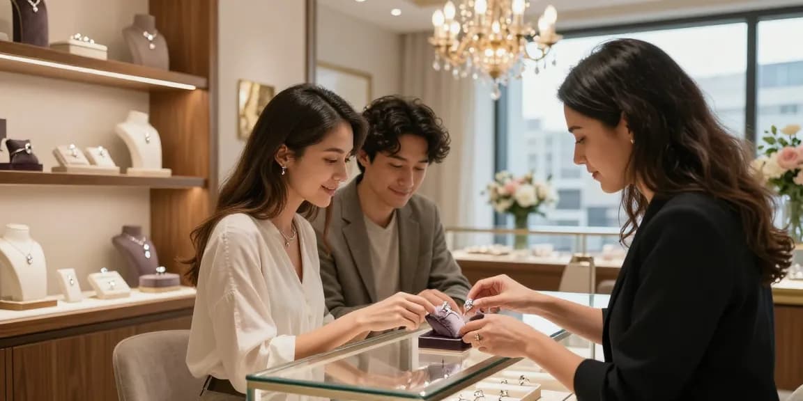 Engagement rings on finance showcased in a luxury boutique, couple exploring options with an advisor.