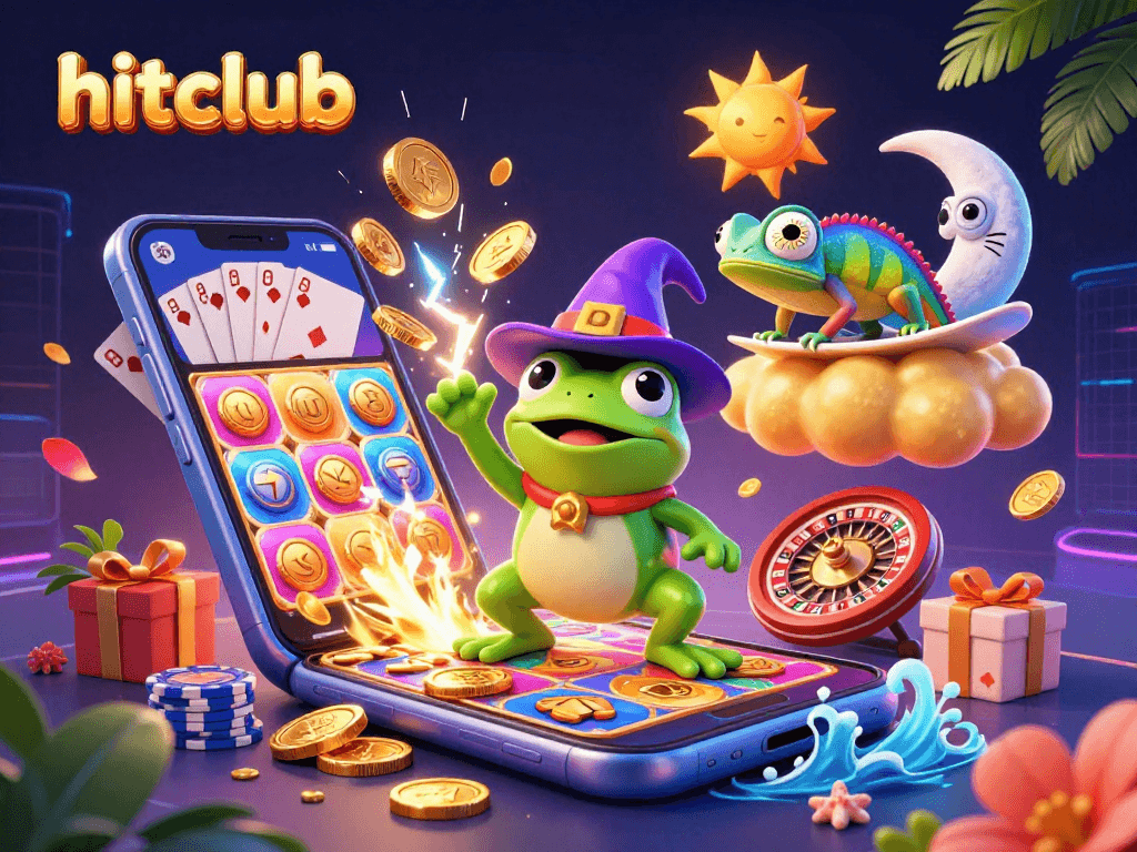 Join the hitclub adventure as the wizard frog unleashes golden coins in a colorful casino scene.