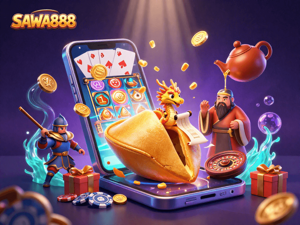 Experience luck and fortune with SAWA888 in this vibrant casino-themed illustration.