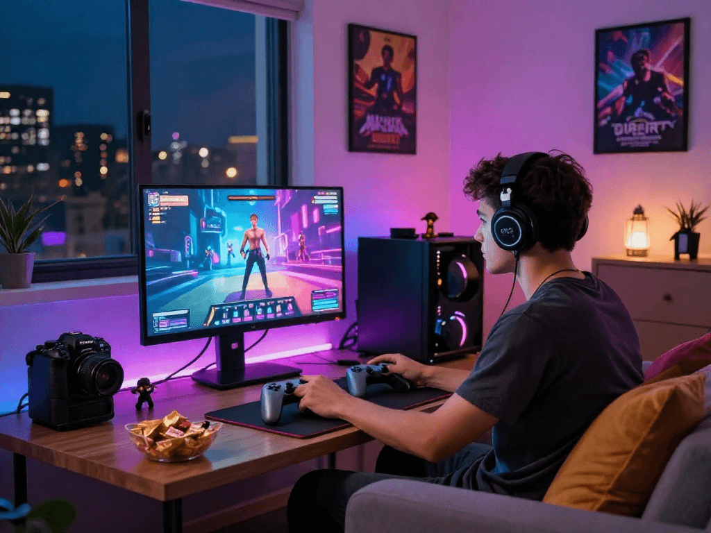 Engaging young adult gaming in cozy living room, playing sex games with vibrant LED lights.