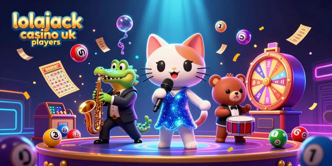 The lively scene showcases lolajack casino uk players enjoying a vibrant gaming atmosphere with fun characters and casino elements.