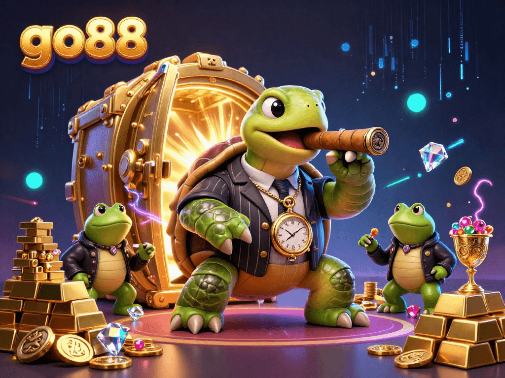 Experience the thrilling action of go88 with a dynamic illustration of a mobster turtle amid vibrant casino treasures.
