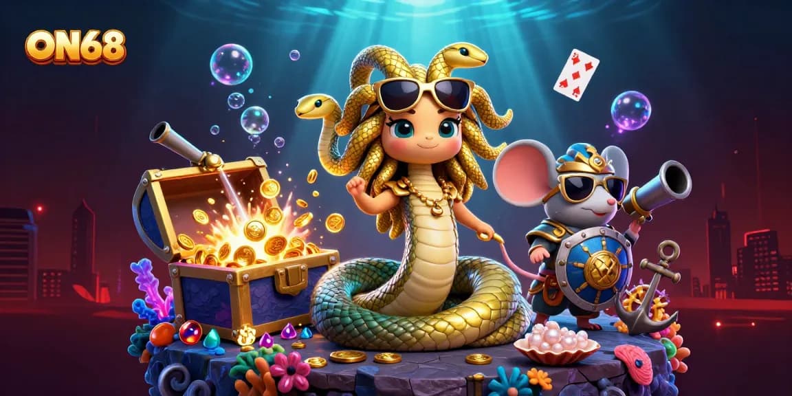 Engage with ON68's vibrant casino experience featuring Medusa and a warrior mouse amidst treasure and gaming elements.