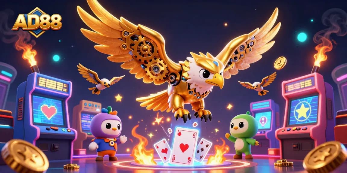 Experience the thrill of AD88 with a dynamic scene featuring a cybernetic golden eagle and immersive gaming elements.