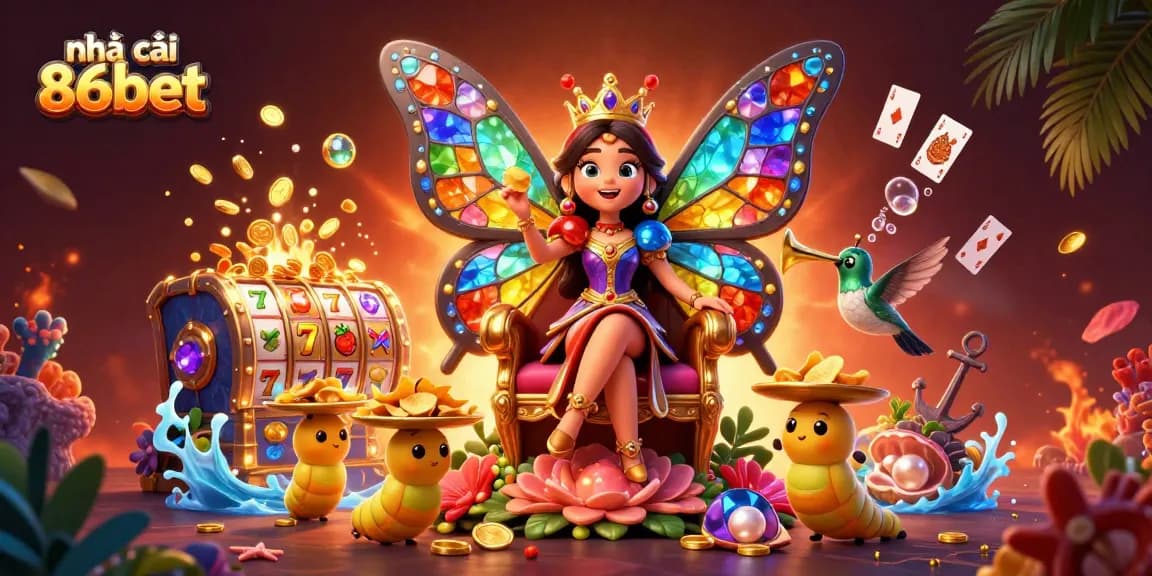 Experience the vibrant world of nhà cái 86bet in this rich, dynamic casino scene filled with colorful games and joyful characters.