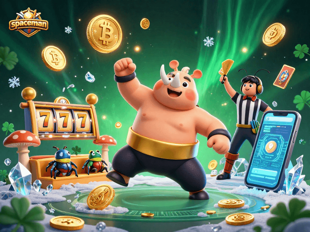 Winning at spaceman slots with a vibrant 3D beetle championship scene featuring jackpot elements and glowing crypto coins.