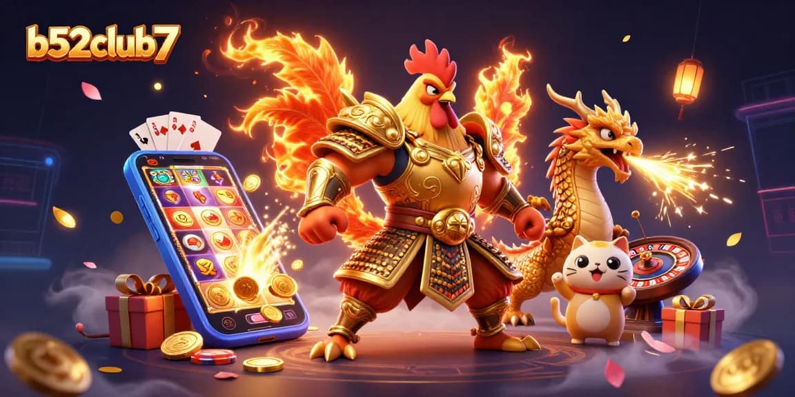 Join the excitement at b52club7 with a dynamic scene of gaming featuring a rooster warrior, dragon hatchling, and vibrant casino elements.
