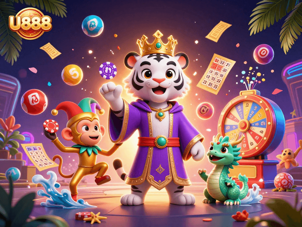 Engage in thrilling gameplay at U888 with vibrant characters and dynamic casino elements.