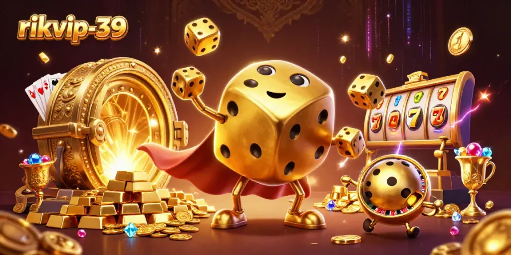 Engage with the vivid rikvip-39 casino experience with captivating golden characters and game elements.
