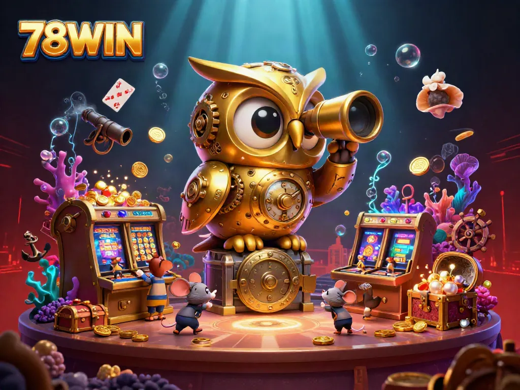 Experience exciting gameplay at 78WIN, featuring a clockwork owl and fun casino elements in a vibrant scene.