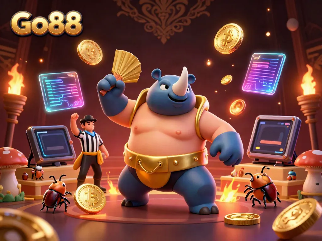 Engage in exciting gameplay with Go88 featuring a rhinoceros beetle sumo champion, all surrounded by vibrant gaming elements.