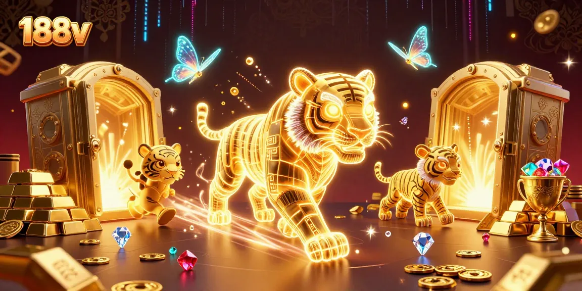 Spin and win with 188v as the golden tiger hunts treasures in a vibrant digital casino.