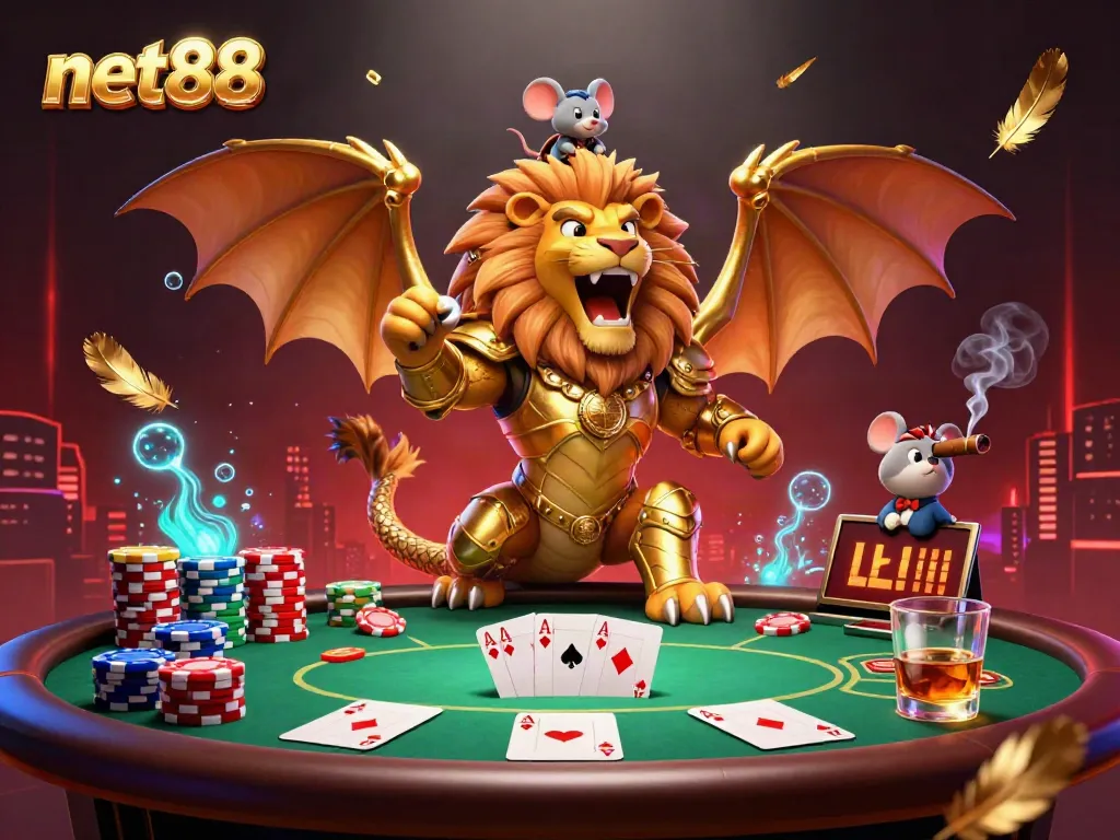 Experience thrilling poker action with net88 as a chimera creature roars triumphantly amidst colorful gaming elements.