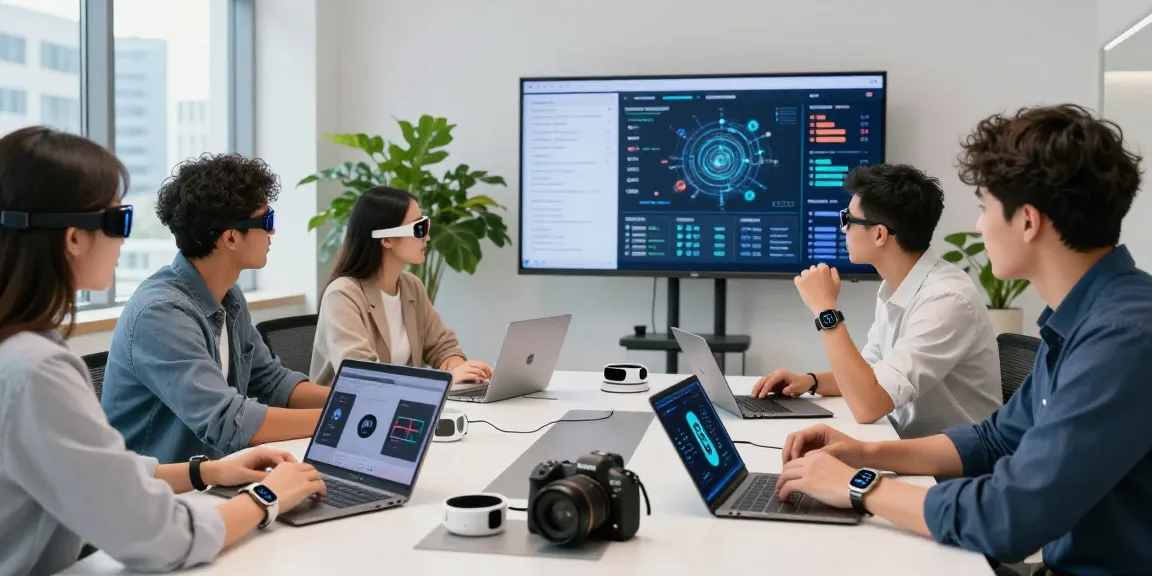 Team collaborating on AI wearables technology in a modern workspace.
