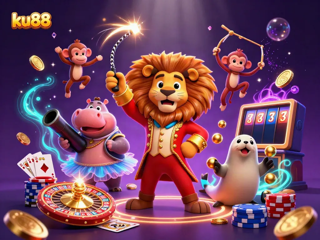 Experience thrilling gaming with ku88's dynamic 3D casino illustration showcasing excitement and winning elements.