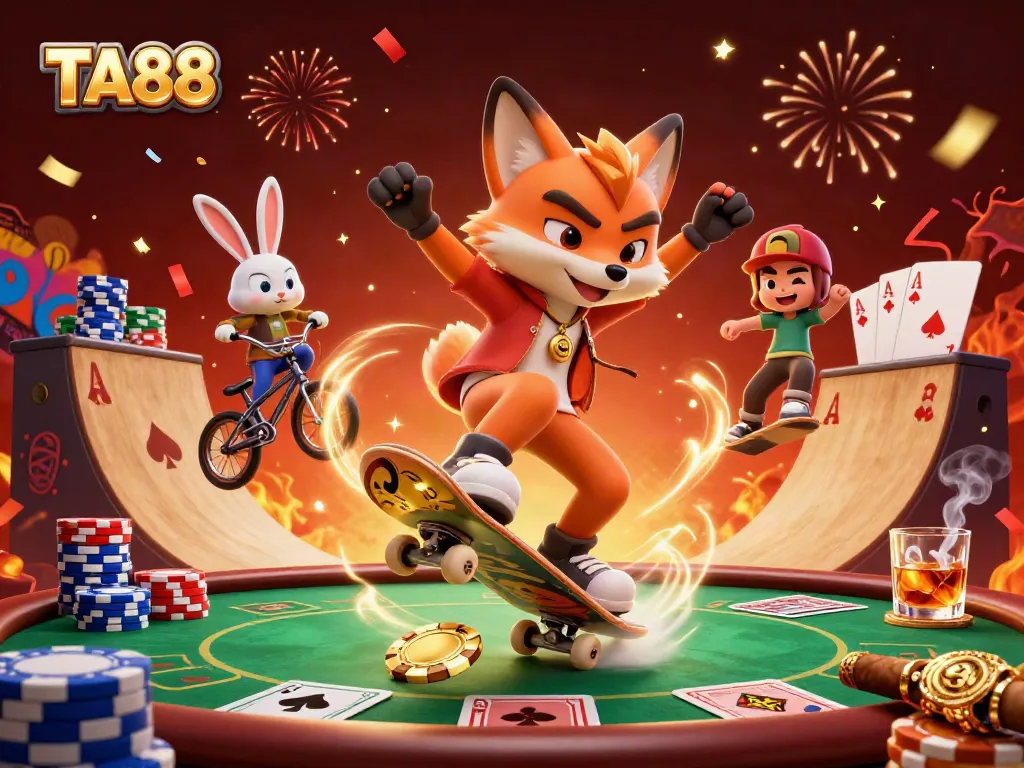 Experience exciting gameplay at TA88 with vibrant casino-themed illustrations of fox and rabbit characters.