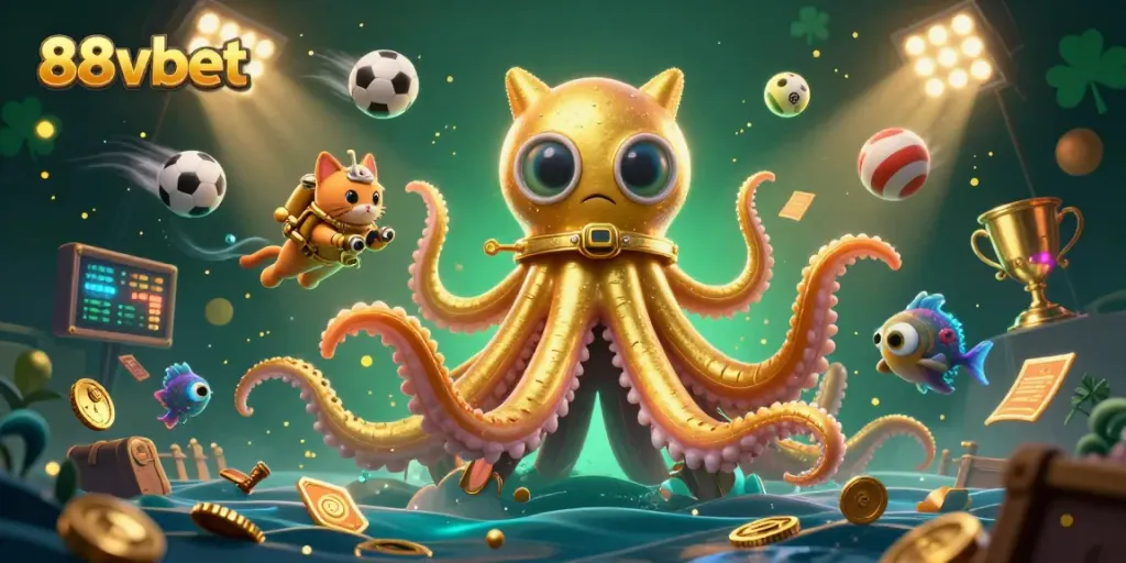 88vbet offers thrilling gameplay as a kraken and diving cat explore a treasure-filled ocean.