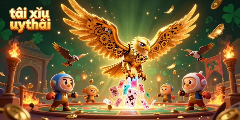 Experience thrill with tài xỉu uy tín, featuring a 3D eagle amidst holographic playing cards and golden elements.
