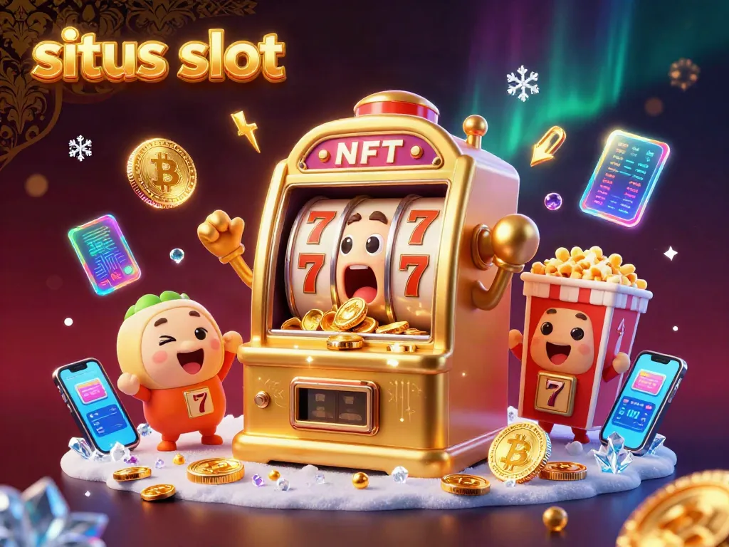 Situs slot showcases a cartoon slot machine hitting a jackpot amidst cheering machines and vibrant game elements.