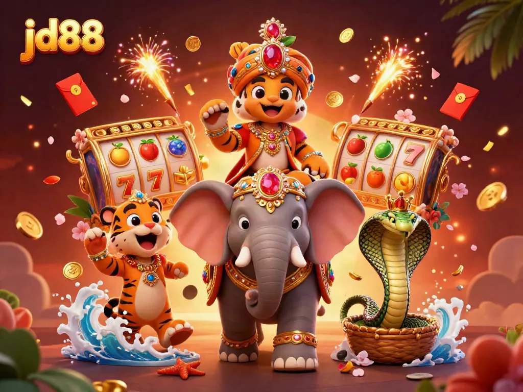 Experience thrilling jackpots with jd88's vibrant slots and engaging characters in this dynamic casino scene.