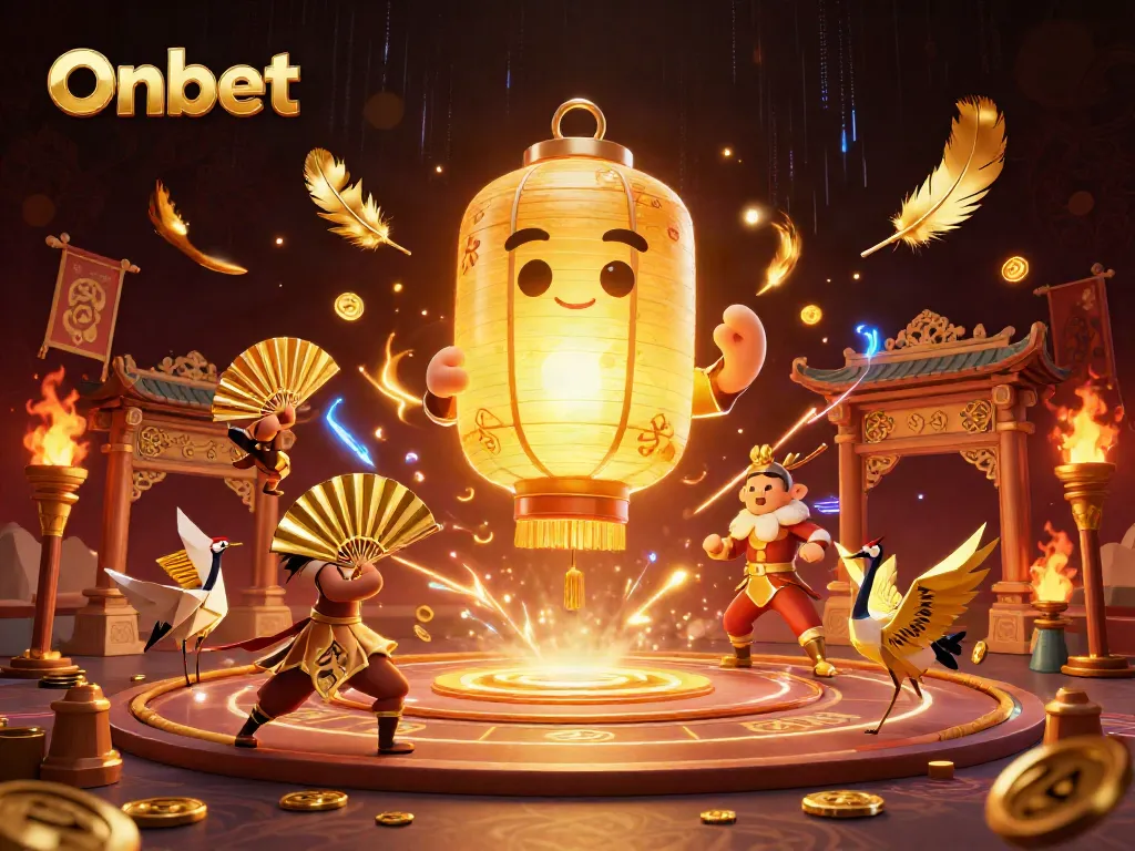 Experience Onbet's vibrant casino atmosphere with a magical golden lantern spirit and dynamic characters.