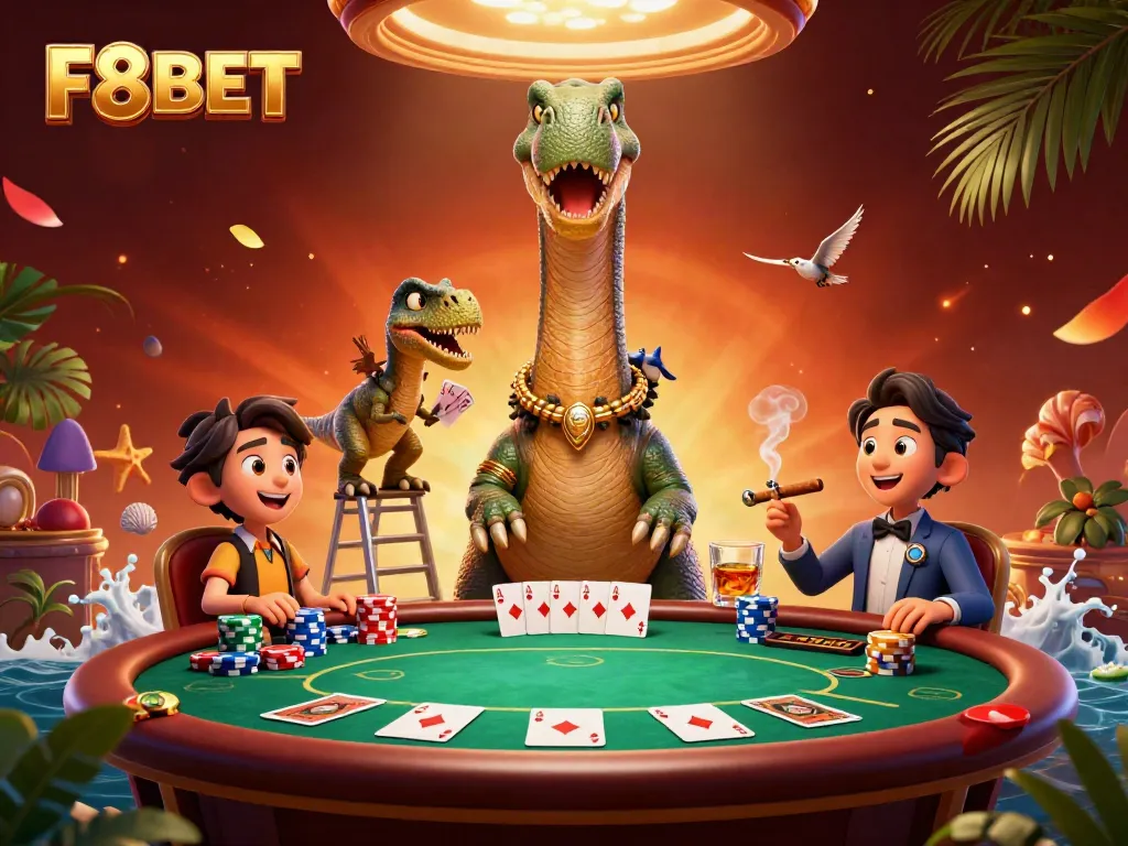 Experience the thrill of F8BET with engaging 3D casino characters amidst dynamic poker gameplay.