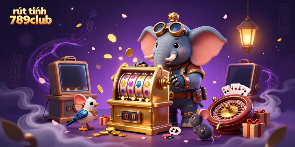 Win big with rút tiền 789club in an enchanting casino scene featuring a steampunk elephant and vibrant game elements.