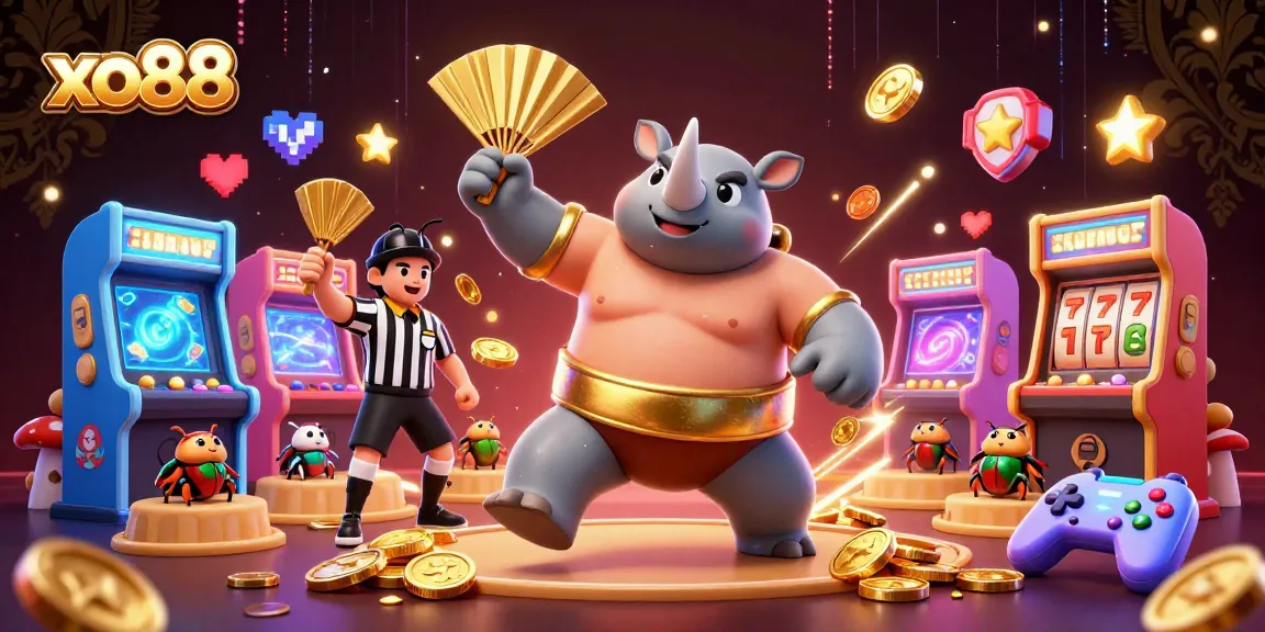 Experience the thrilling excitement of xo88 with a sumo beetle champion amidst slots and arcade elements!