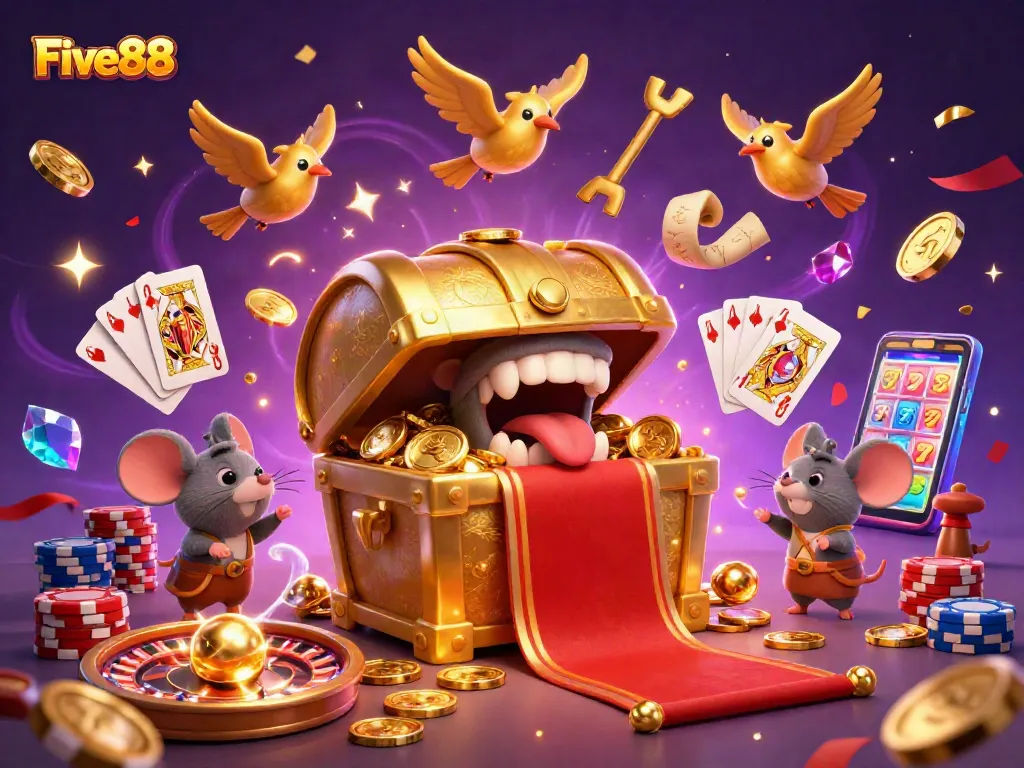Five88 players enjoy diverse gaming experiences with treasure chests, gold coins, and vibrant casino elements.