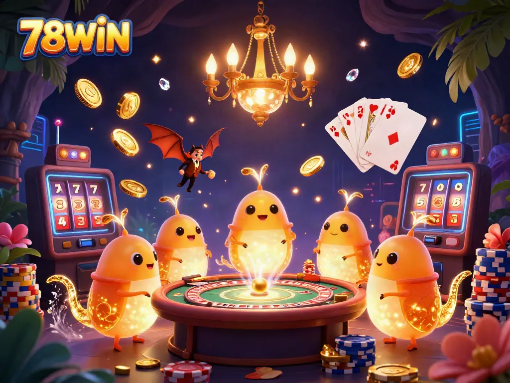Experience the vibrant 78WIN casino atmosphere, with enchanting glowing characters amidst captivating gaming elements.